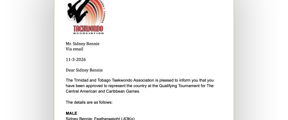 Sidney Bennie Selected for Central American and Caribbean Games Qualifier